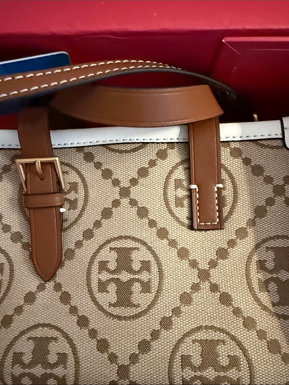 Tory Burch Beige Monogram Canvas Tote with Brown Leather Trim - Picture 3 of 6